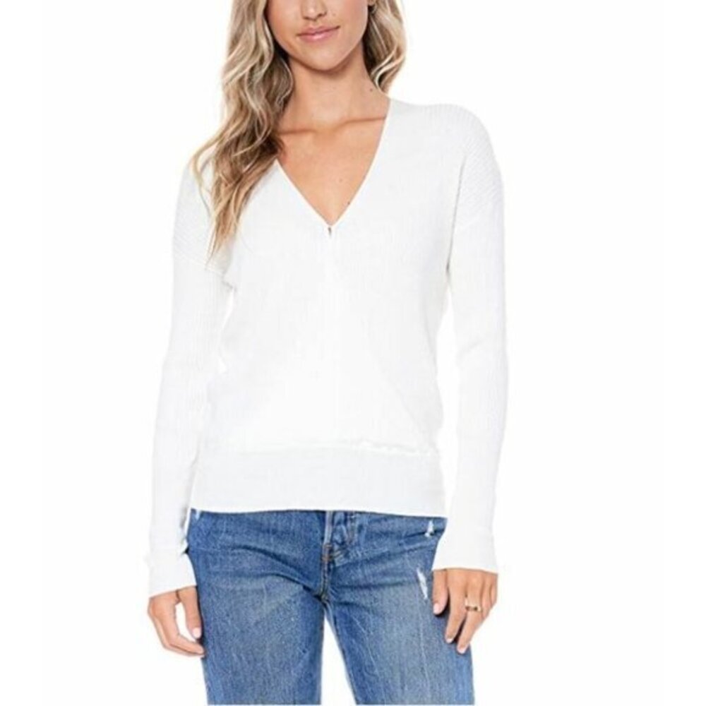 ELODIE Faux Wrap Surplice Sweater Ribbed V Neck Knit top White SZ M NEW